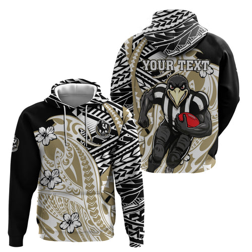 Personalized Collingwood Magpies Zip Hoodie Polynesian Tribal Magpie Mascot With Hibiscus Floral Art