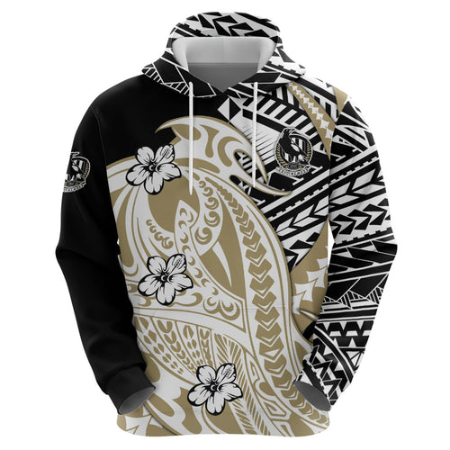 Personalized Collingwood Magpies Zip Hoodie Polynesian Tribal Magpie Mascot With Hibiscus Floral Art