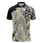Personalized Collingwood Magpies Zipper Polo Shirt Polynesian Tribal Magpie Mascot With Hibiscus Floral Art