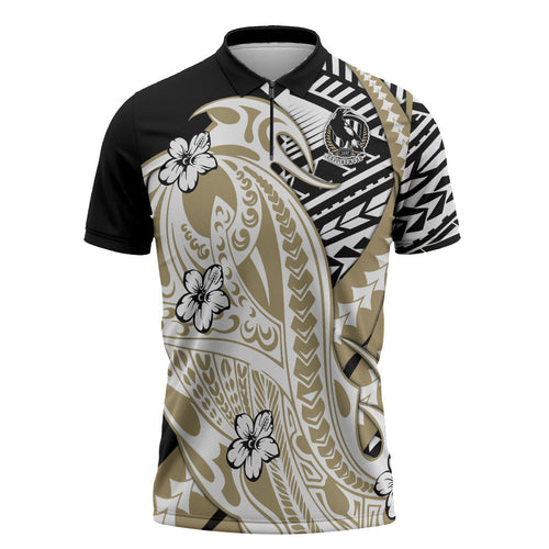 Personalized Collingwood Magpies Zipper Polo Shirt Polynesian Tribal Magpie Mascot With Hibiscus Floral Art