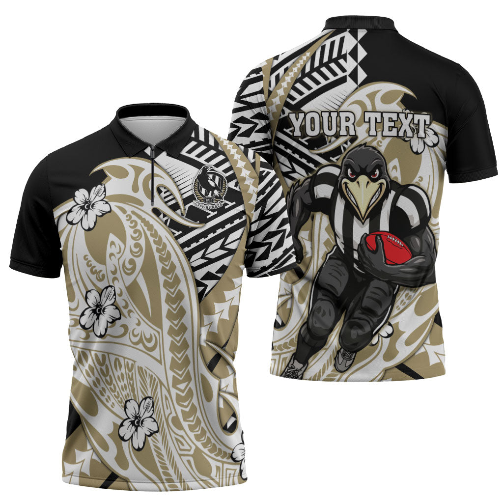 Personalized Collingwood Magpies Zipper Polo Shirt Polynesian Tribal Magpie Mascot With Hibiscus Floral Art