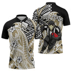 Personalized Collingwood Magpies Zipper Polo Shirt Polynesian Tribal Magpie Mascot With Hibiscus Floral Art