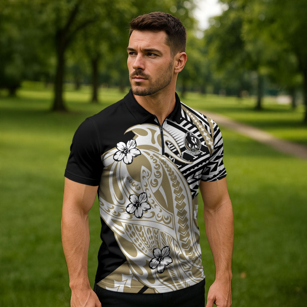 Personalized Collingwood Magpies Zipper Polo Shirt Polynesian Tribal Magpie Mascot With Hibiscus Floral Art