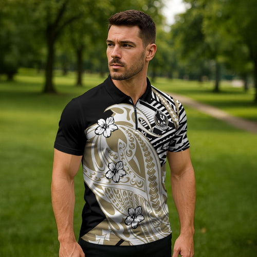 Personalized Collingwood Magpies Zipper Polo Shirt Polynesian Tribal Magpie Mascot With Hibiscus Floral Art