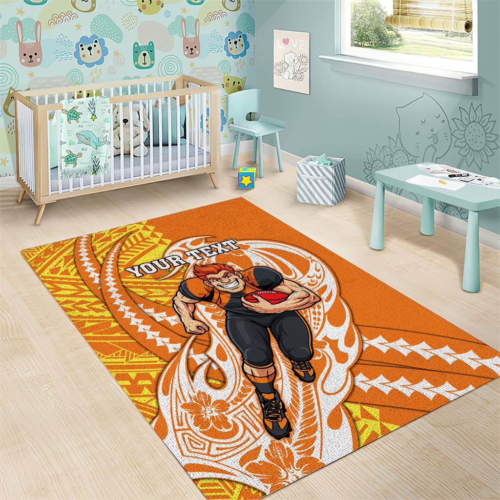 Personalized Greater Western Sydney Giants Area Rug Polynesian Tribal Giant Mascot With Hibiscus Floral Art