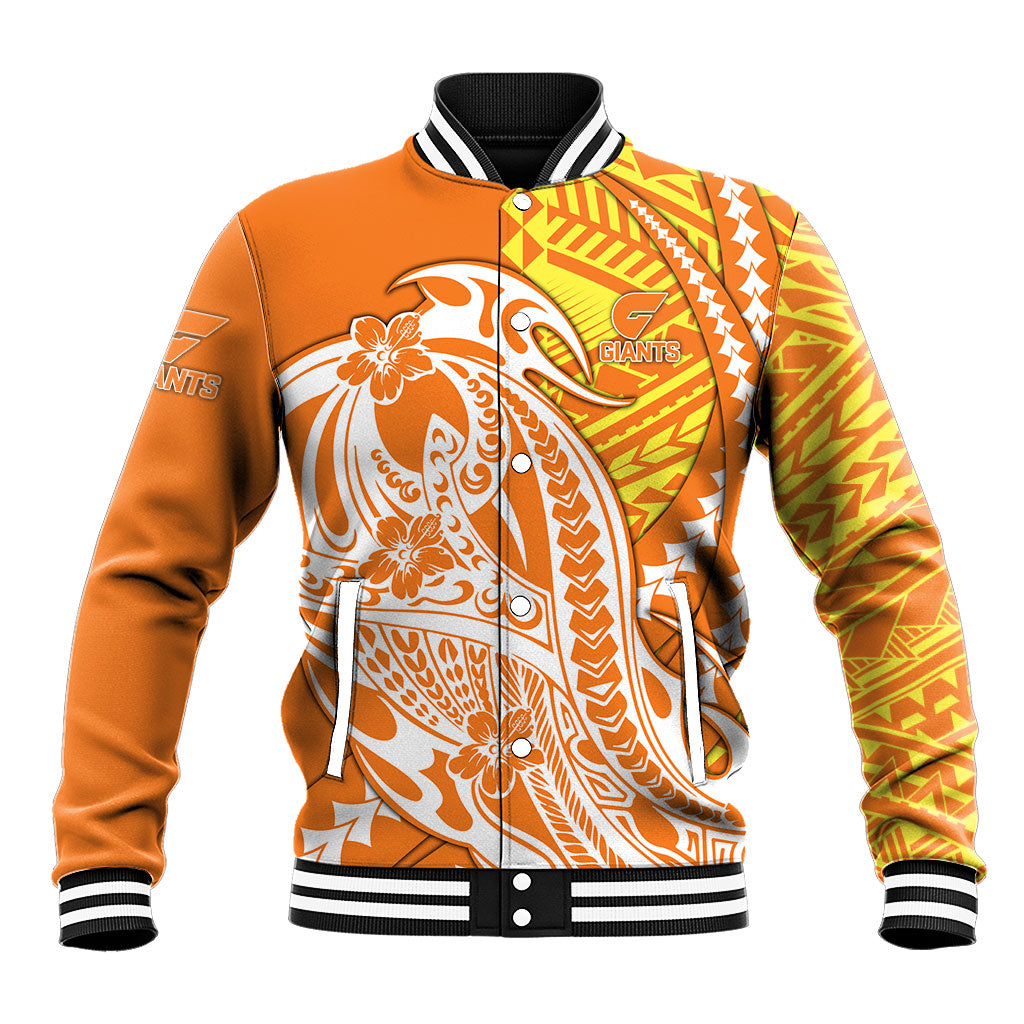 Personalized Greater Western Sydney Giants Baseball Jacket Polynesian Tribal Giant Mascot With Hibiscus Floral Art