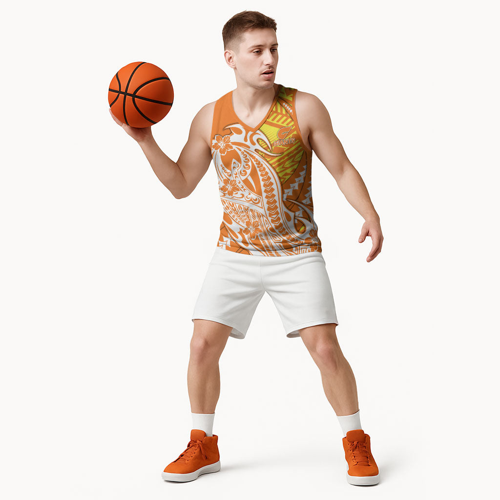 Personalized Greater Western Sydney Giants Basketball Jersey Polynesian Tribal Giant Mascot With Hibiscus Floral Art