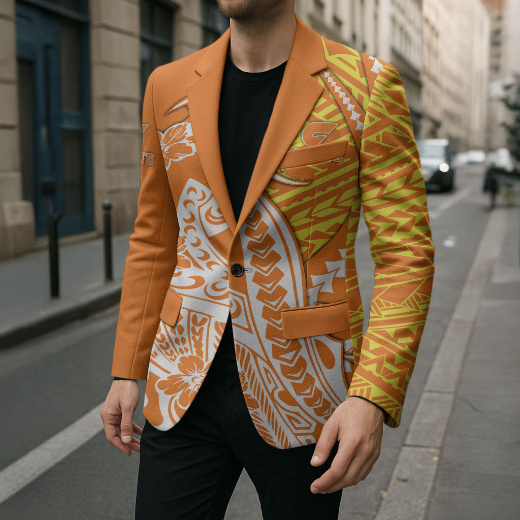 Personalized Greater Western Sydney Giants Blazer Polynesian Tribal Giant Mascot With Hibiscus Floral Art