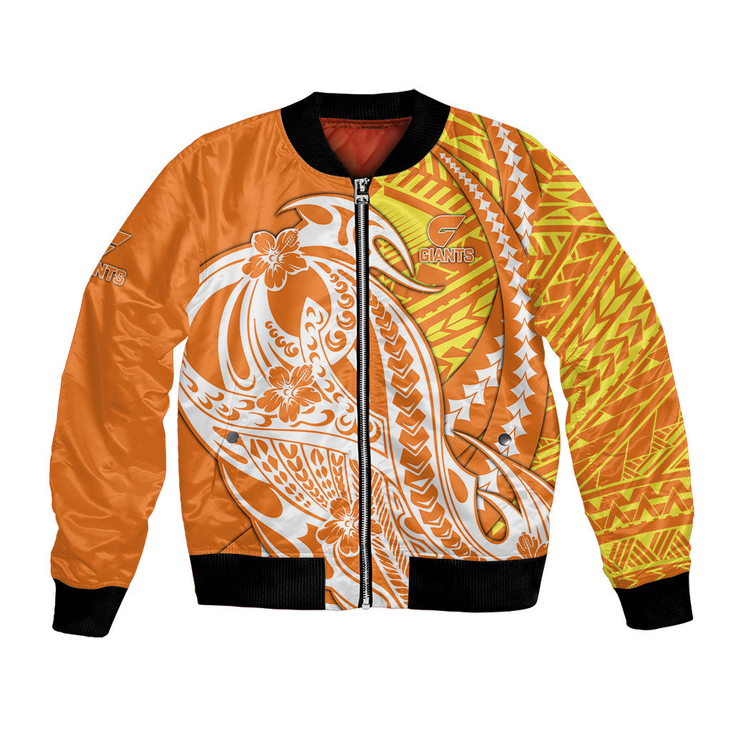 Personalized Greater Western Sydney Giants Bomber Jacket Polynesian Tribal Giant Mascot With Hibiscus Floral Art