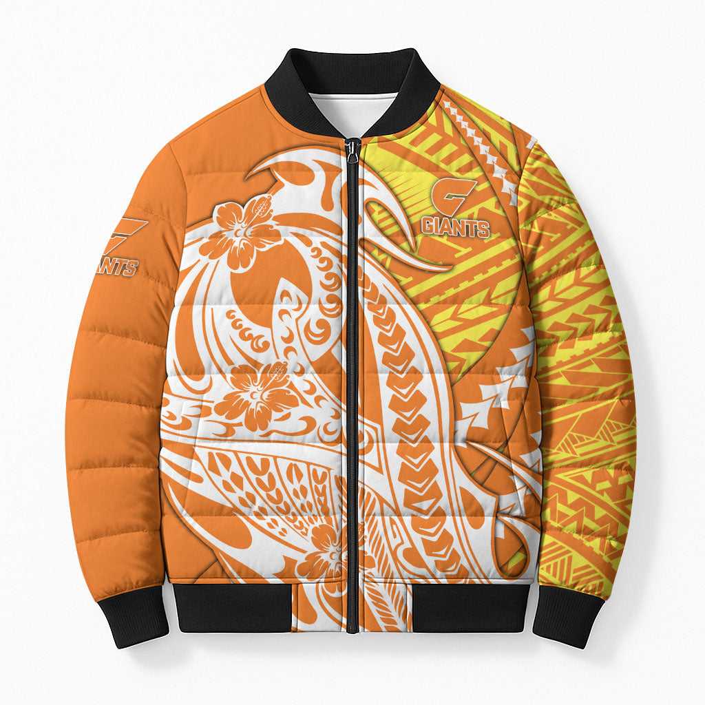 Personalized Greater Western Sydney Giants Bomber Puffer Jacket Polynesian Tribal Giant Mascot With Hibiscus Floral Art