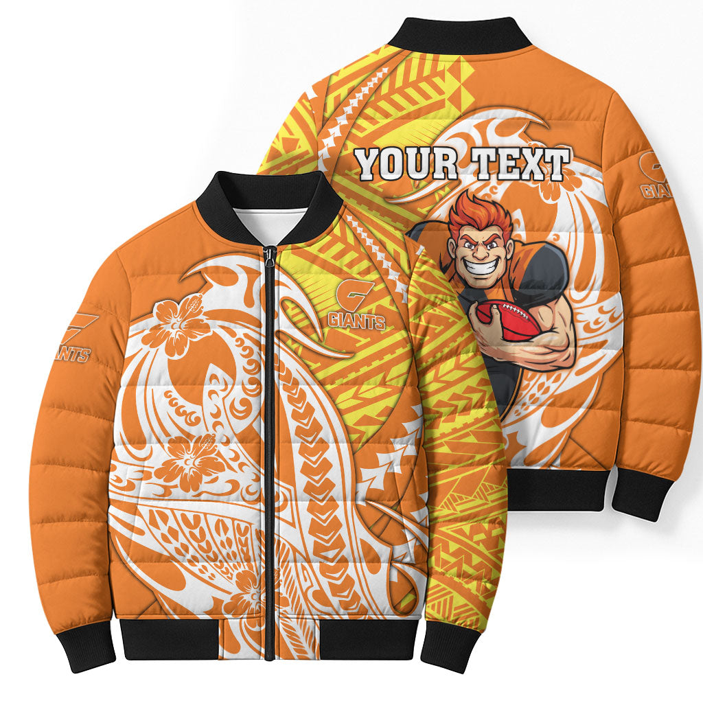 Personalized Greater Western Sydney Giants Bomber Puffer Jacket Polynesian Tribal Giant Mascot With Hibiscus Floral Art