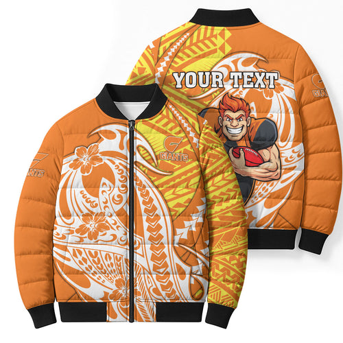 Personalized Greater Western Sydney Giants Bomber Puffer Jacket Polynesian Tribal Giant Mascot With Hibiscus Floral Art