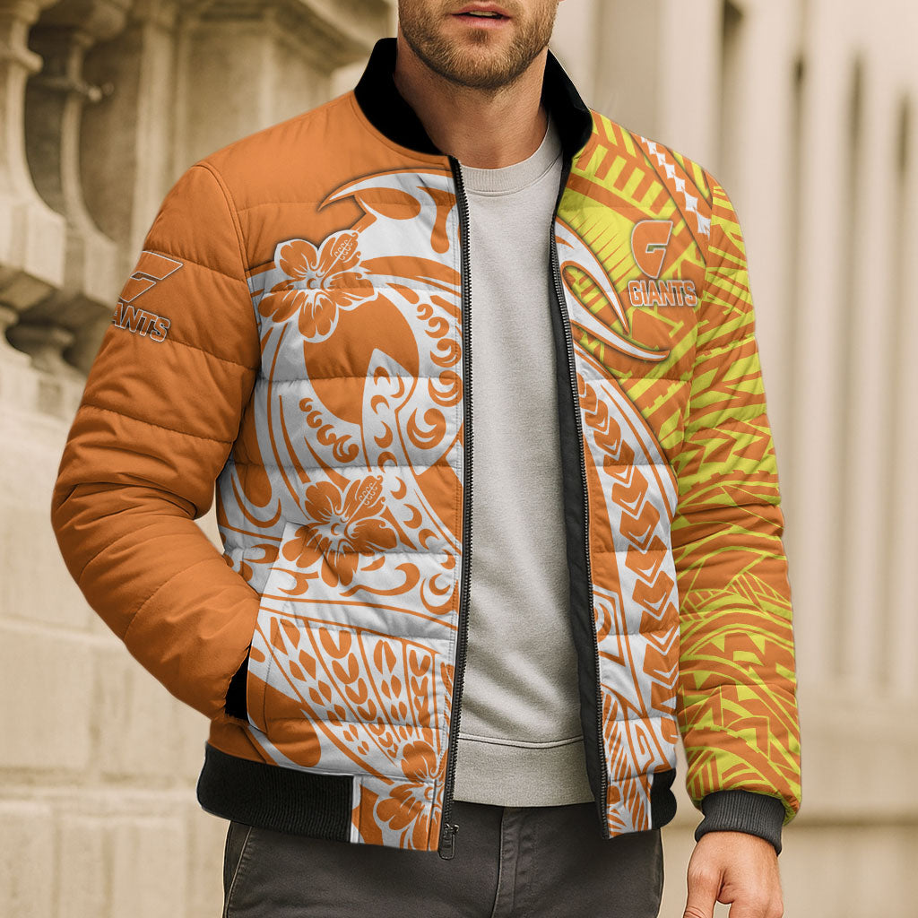 Personalized Greater Western Sydney Giants Bomber Puffer Jacket Polynesian Tribal Giant Mascot With Hibiscus Floral Art
