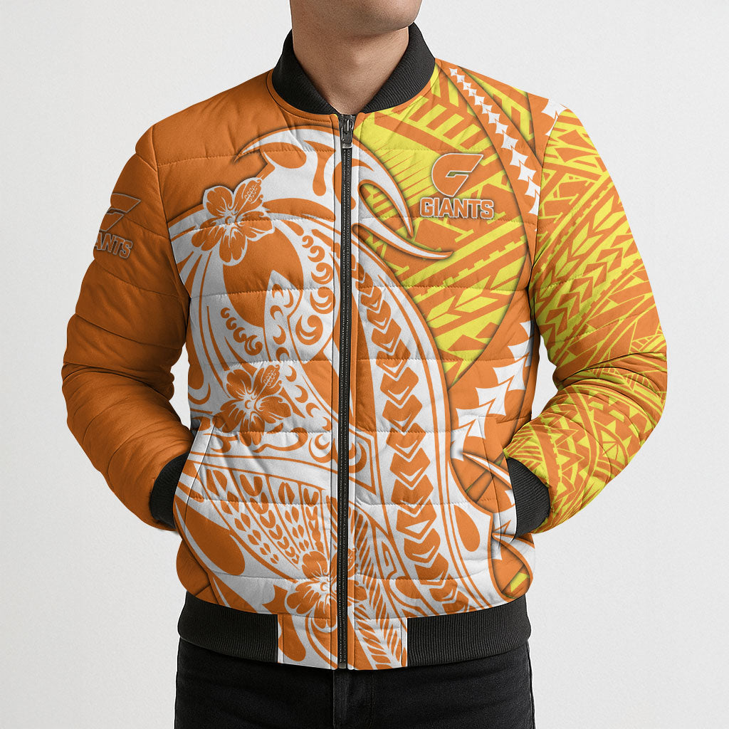 Personalized Greater Western Sydney Giants Bomber Puffer Jacket Polynesian Tribal Giant Mascot With Hibiscus Floral Art