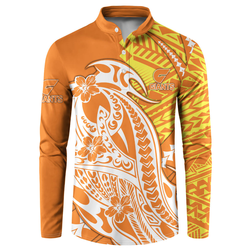 Personalized Greater Western Sydney Giants Button Sweatshirt Polynesian Tribal Giant Mascot With Hibiscus Floral Art