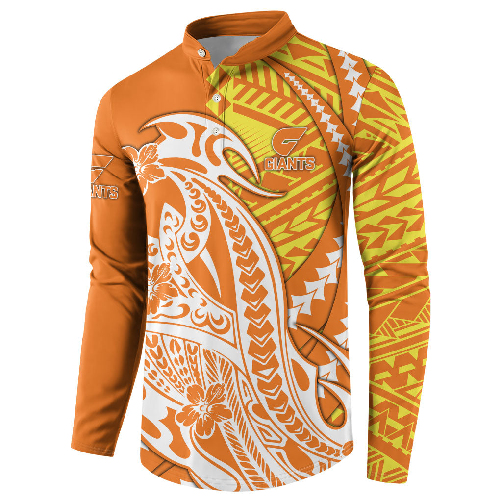 Personalized Greater Western Sydney Giants Button Sweatshirt Polynesian Tribal Giant Mascot With Hibiscus Floral Art