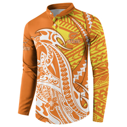 Personalized Greater Western Sydney Giants Button Sweatshirt Polynesian Tribal Giant Mascot With Hibiscus Floral Art