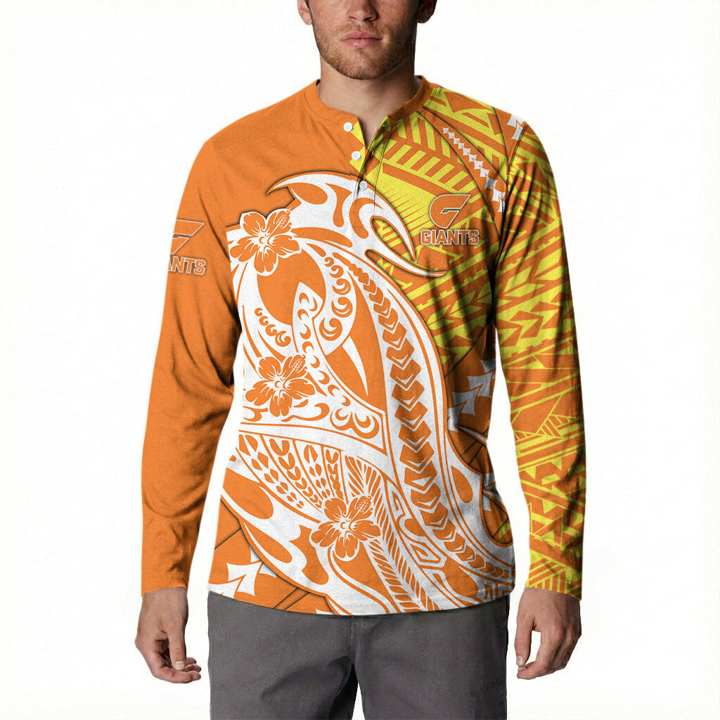 Personalized Greater Western Sydney Giants Button Sweatshirt Polynesian Tribal Giant Mascot With Hibiscus Floral Art