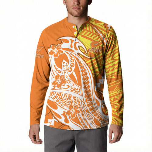 Personalized Greater Western Sydney Giants Button Sweatshirt Polynesian Tribal Giant Mascot With Hibiscus Floral Art