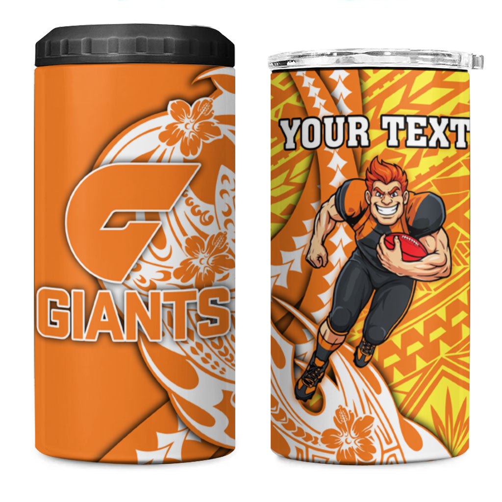 Personalized Greater Western Sydney Giants 4 in 1 Can Cooler Tumbler Polynesian Tribal Giant Mascot With Hibiscus Floral Art