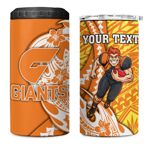 Personalized Greater Western Sydney Giants 4 in 1 Can Cooler Tumbler Polynesian Tribal Giant Mascot With Hibiscus Floral Art