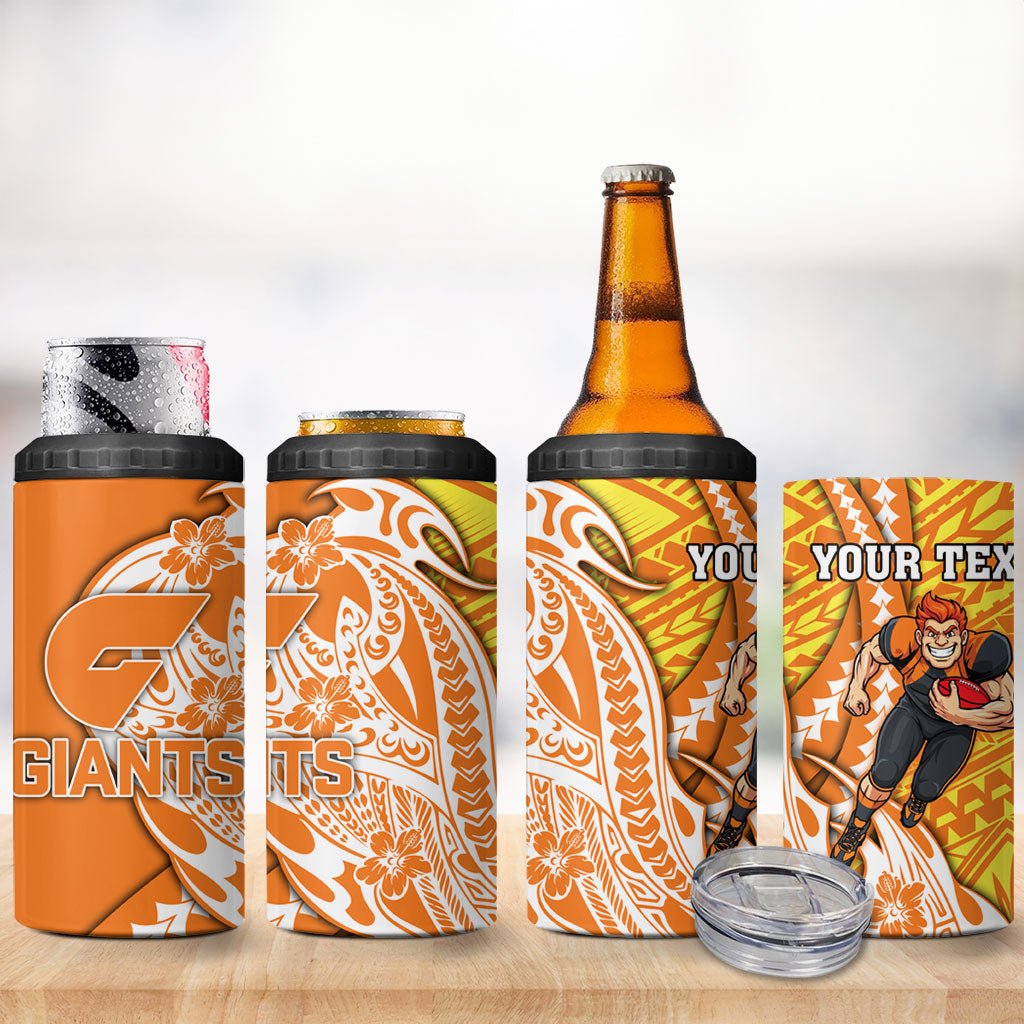 Personalized Greater Western Sydney Giants 4 in 1 Can Cooler Tumbler Polynesian Tribal Giant Mascot With Hibiscus Floral Art