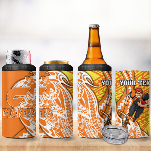Personalized Greater Western Sydney Giants 4 in 1 Can Cooler Tumbler Polynesian Tribal Giant Mascot With Hibiscus Floral Art