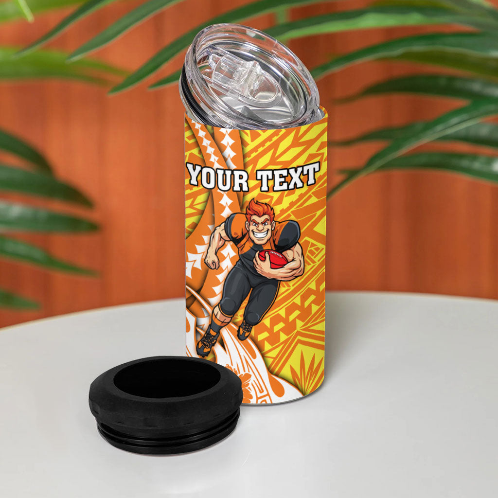 Personalized Greater Western Sydney Giants 4 in 1 Can Cooler Tumbler Polynesian Tribal Giant Mascot With Hibiscus Floral Art