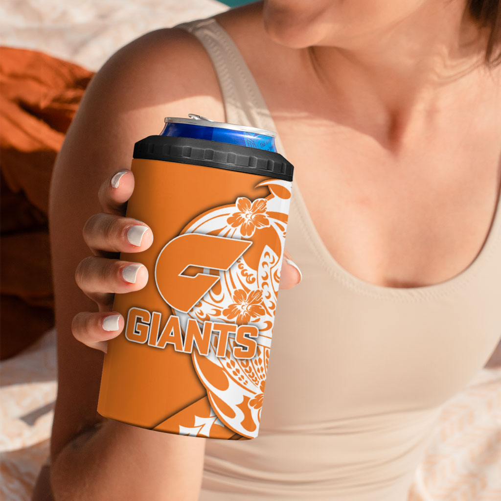Personalized Greater Western Sydney Giants 4 in 1 Can Cooler Tumbler Polynesian Tribal Giant Mascot With Hibiscus Floral Art