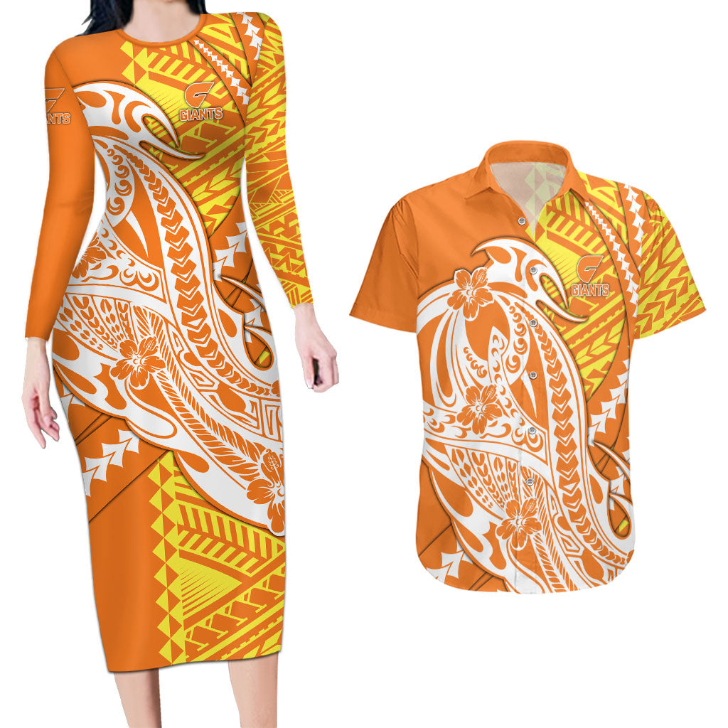 Personalized Greater Western Sydney Giants Couples Matching Long Sleeve Bodycon Dress and Hawaiian Shirt Polynesian Tribal Giant Mascot With Hibiscus Floral Art