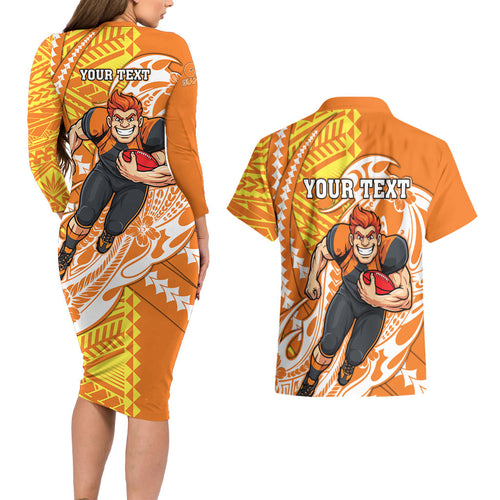 Personalized Greater Western Sydney Giants Couples Matching Long Sleeve Bodycon Dress and Hawaiian Shirt Polynesian Tribal Giant Mascot With Hibiscus Floral Art
