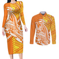 Personalized Greater Western Sydney Giants Couples Matching Long Sleeve Bodycon Dress and Long Sleeve Button Shirt Polynesian Tribal Giant Mascot With Hibiscus Floral Art