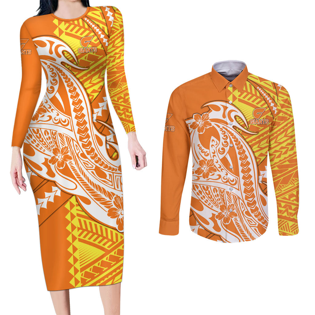 Personalized Greater Western Sydney Giants Couples Matching Long Sleeve Bodycon Dress and Long Sleeve Button Shirt Polynesian Tribal Giant Mascot With Hibiscus Floral Art