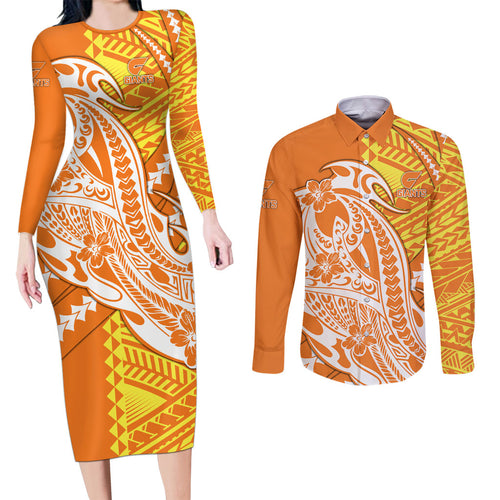 Personalized Greater Western Sydney Giants Couples Matching Long Sleeve Bodycon Dress and Long Sleeve Button Shirt Polynesian Tribal Giant Mascot With Hibiscus Floral Art