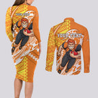 Personalized Greater Western Sydney Giants Couples Matching Long Sleeve Bodycon Dress and Long Sleeve Button Shirt Polynesian Tribal Giant Mascot With Hibiscus Floral Art