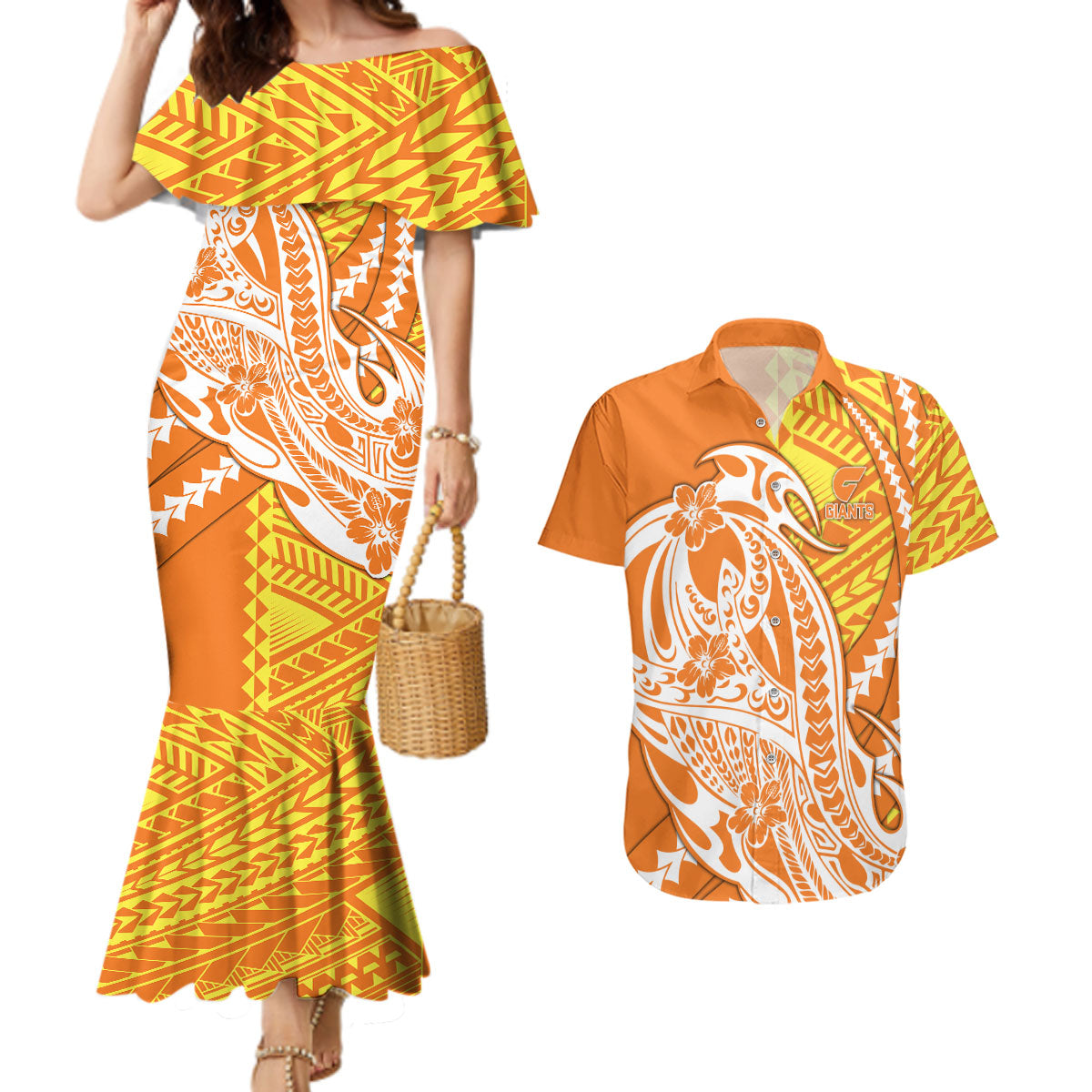 Personalized Greater Western Sydney Giants Couples Matching Mermaid Dress and Hawaiian Shirt Polynesian Tribal Giant Mascot With Hibiscus Floral Art