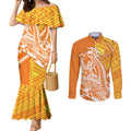 Personalized Greater Western Sydney Giants Couples Matching Mermaid Dress and Long Sleeve Button Shirt Polynesian Tribal Giant Mascot With Hibiscus Floral Art