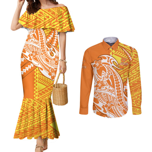 Personalized Greater Western Sydney Giants Couples Matching Mermaid Dress and Long Sleeve Button Shirt Polynesian Tribal Giant Mascot With Hibiscus Floral Art