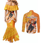 Personalized Greater Western Sydney Giants Couples Matching Mermaid Dress and Long Sleeve Button Shirt Polynesian Tribal Giant Mascot With Hibiscus Floral Art