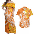 Personalized Greater Western Sydney Giants Couples Matching Off Shoulder Maxi Dress and Hawaiian Shirt Polynesian Tribal Giant Mascot With Hibiscus Floral Art