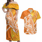 Personalized Greater Western Sydney Giants Couples Matching Off Shoulder Maxi Dress and Hawaiian Shirt Polynesian Tribal Giant Mascot With Hibiscus Floral Art
