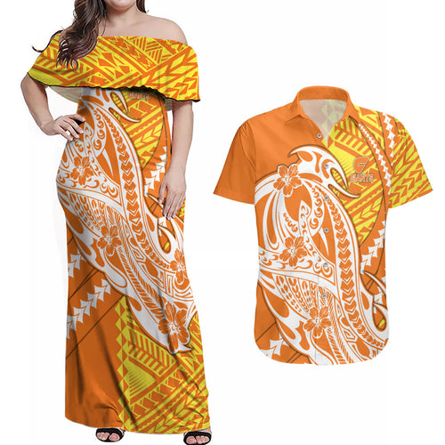 Personalized Greater Western Sydney Giants Couples Matching Off Shoulder Maxi Dress and Hawaiian Shirt Polynesian Tribal Giant Mascot With Hibiscus Floral Art