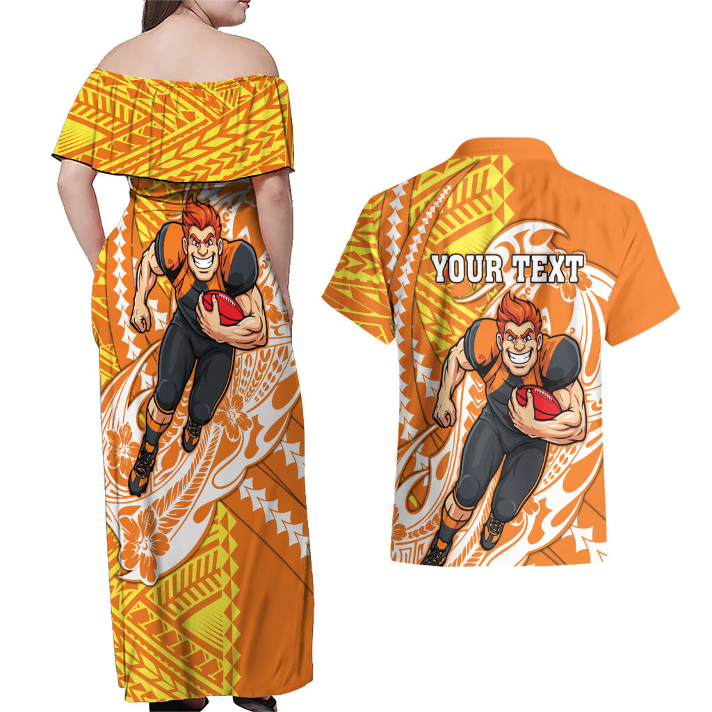 Personalized Greater Western Sydney Giants Couples Matching Off Shoulder Maxi Dress and Hawaiian Shirt Polynesian Tribal Giant Mascot With Hibiscus Floral Art