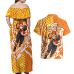 Personalized Greater Western Sydney Giants Couples Matching Off Shoulder Maxi Dress and Hawaiian Shirt Polynesian Tribal Giant Mascot With Hibiscus Floral Art