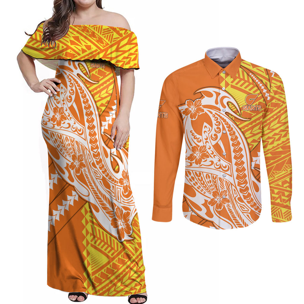 Personalized Greater Western Sydney Giants Couples Matching Off Shoulder Maxi Dress and Long Sleeve Button Shirt Polynesian Tribal Giant Mascot With Hibiscus Floral Art
