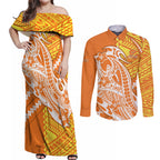 Personalized Greater Western Sydney Giants Couples Matching Off Shoulder Maxi Dress and Long Sleeve Button Shirt Polynesian Tribal Giant Mascot With Hibiscus Floral Art