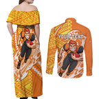 Personalized Greater Western Sydney Giants Couples Matching Off Shoulder Maxi Dress and Long Sleeve Button Shirt Polynesian Tribal Giant Mascot With Hibiscus Floral Art