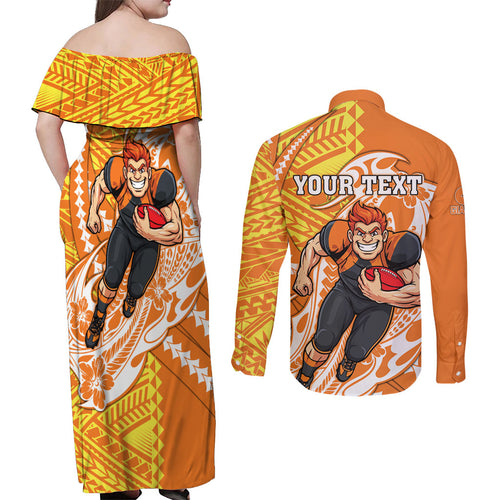 Personalized Greater Western Sydney Giants Couples Matching Off Shoulder Maxi Dress and Long Sleeve Button Shirt Polynesian Tribal Giant Mascot With Hibiscus Floral Art