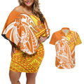 Personalized Greater Western Sydney Giants Couples Matching Off Shoulder Short Dress and Hawaiian Shirt Polynesian Tribal Giant Mascot With Hibiscus Floral Art