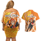 Personalized Greater Western Sydney Giants Couples Matching Off Shoulder Short Dress and Hawaiian Shirt Polynesian Tribal Giant Mascot With Hibiscus Floral Art
